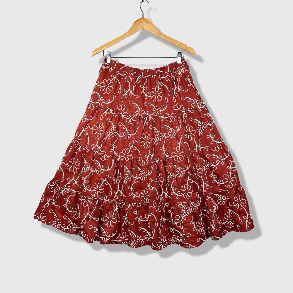 T Tahari Tiered Midi Skirt Womens M Red Floral Embroidered Boho Peasant Summer